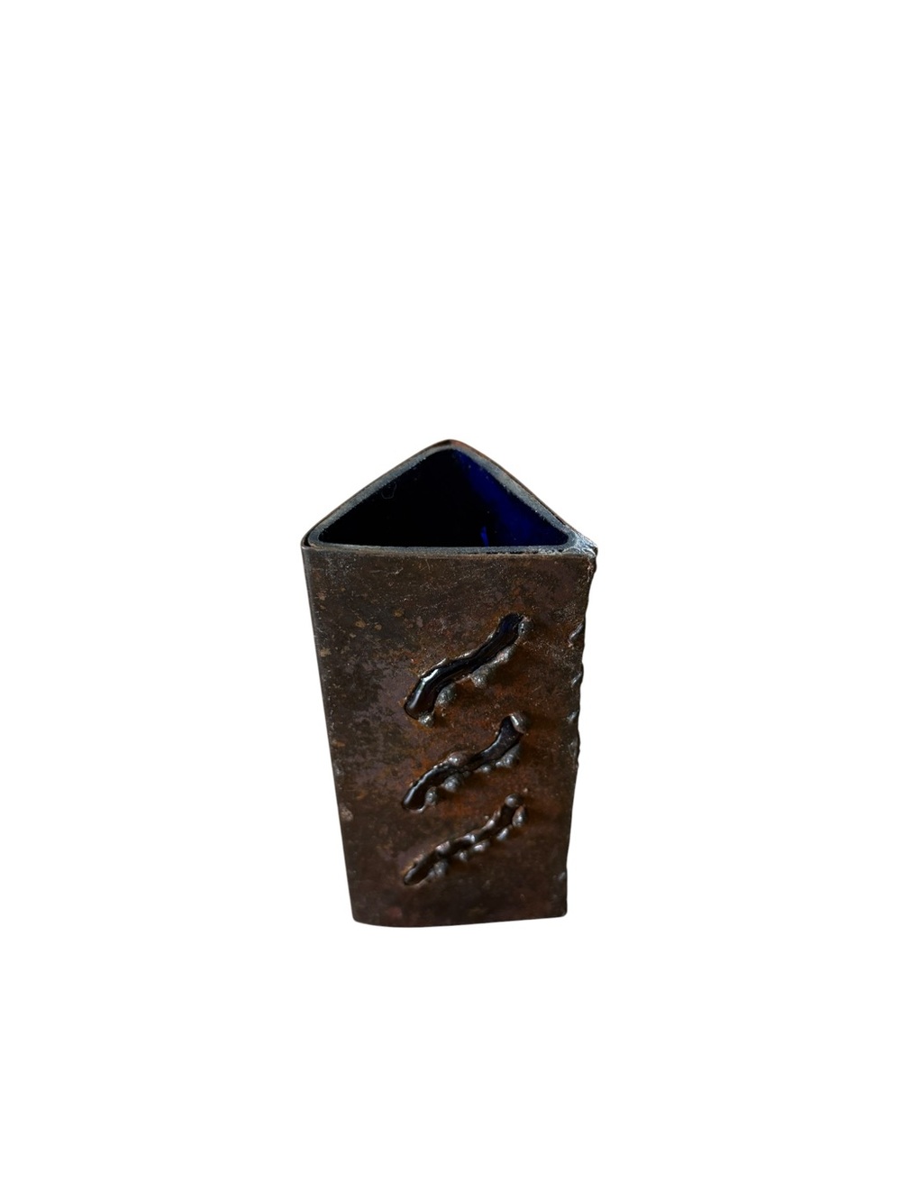 Brutalist Copper With Cobalt Blue Caged Rectangular Vase 1960’s Mid Century